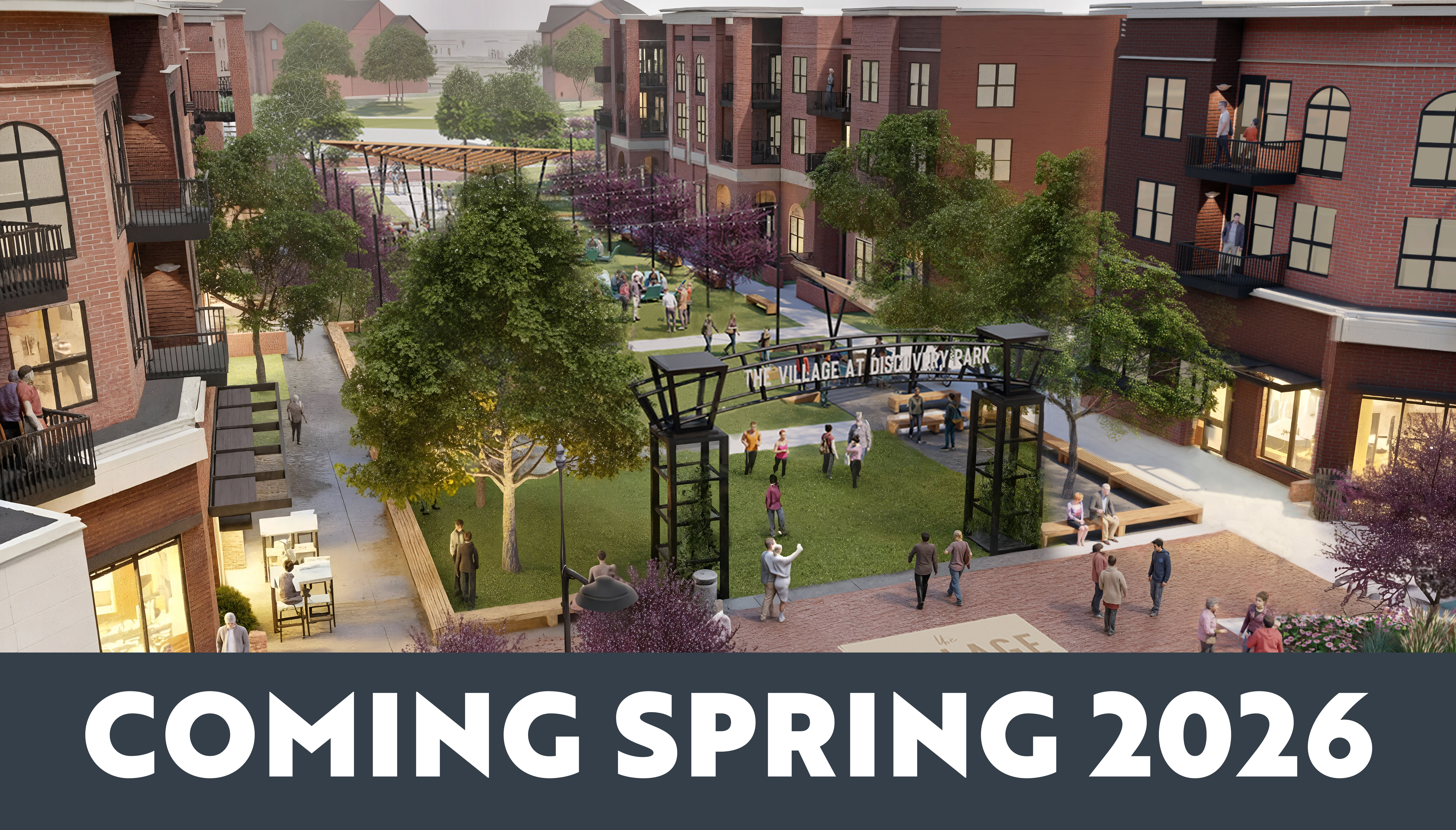 rendering of an outdoor shopping center with text overlay of coming spring 2026